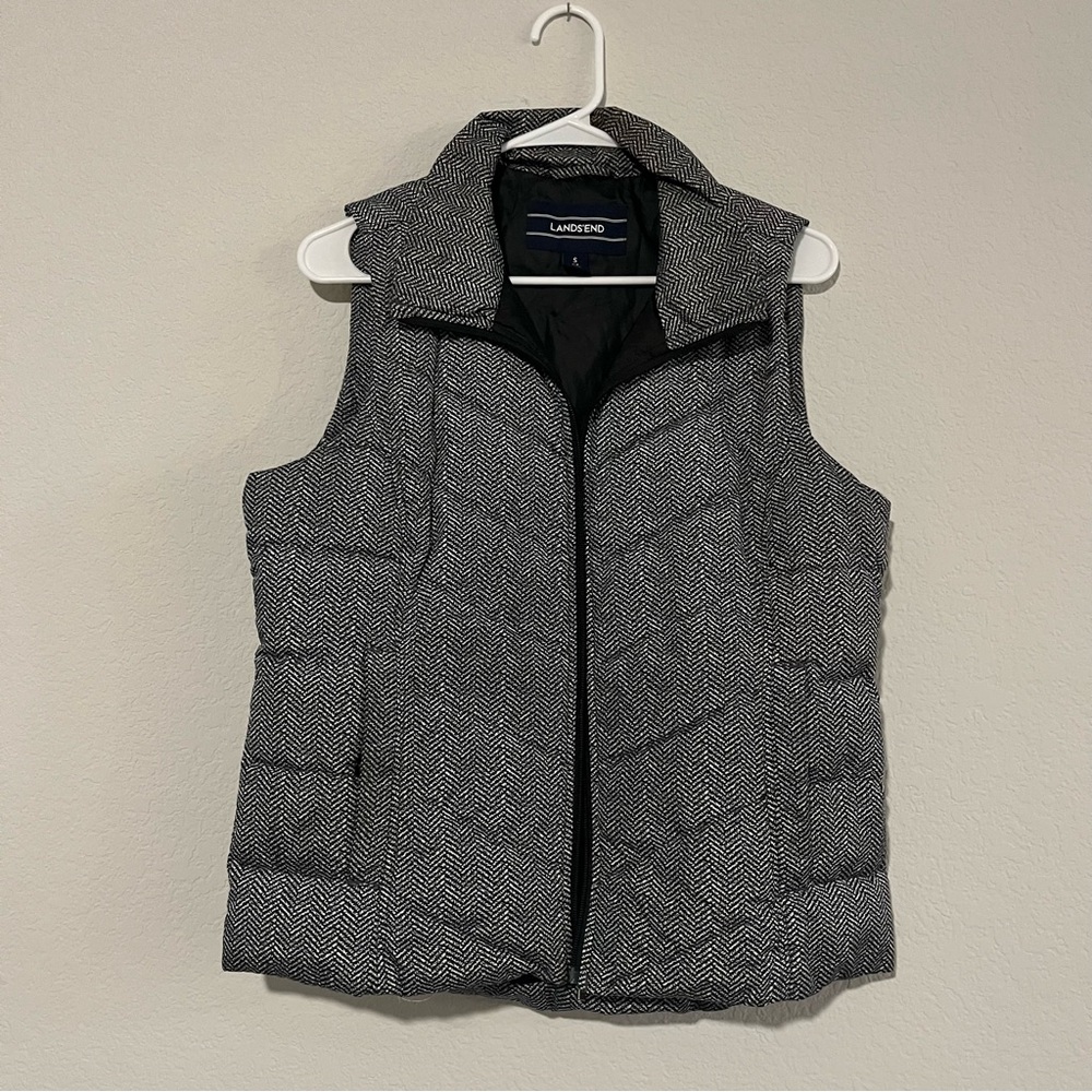 Black and White Herringbone Lands End Puffer Vest